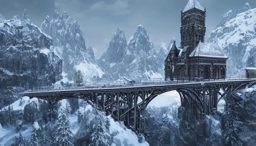 Prompt: Neo-Gothic built in snowy mountains connected by bridges, hyperdetailed, artstation, cgsociety, 8k