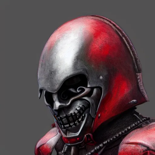 Prompt: a close up photo of an extremely realistic portrait of a real life human character wearing a creepy titanium black helmet, standing still, sharp long horns, scary, red eyes, trending on artstation, heroic pose, highly detailed, profile picture, 8k