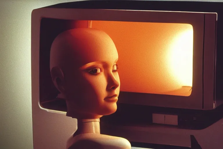 Prompt: humanoid robot sticking her head inside of a microwave, from 1985, bathed in the glow of a crt television, low-light photograph, in the style of jack bridgeland