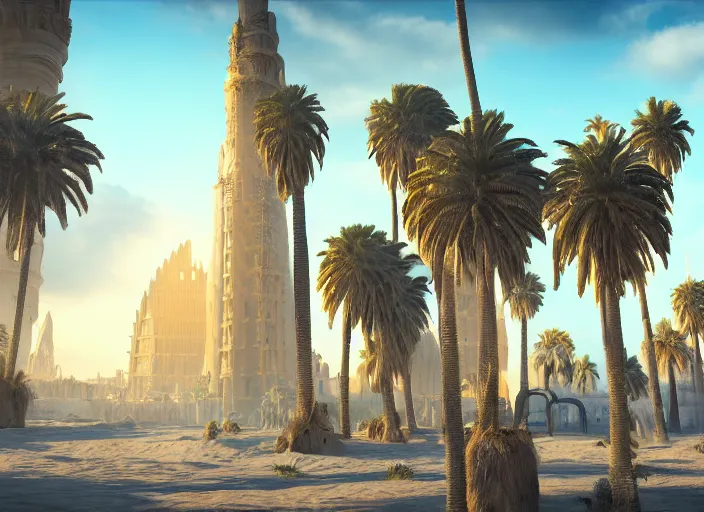 Prompt: architectural cover concept art of the lost sand city, ruins, golden towers, golden pillars, palm trees, dramatic, wide angle, digital art, art station, unreal engine 8k