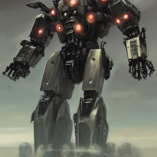 Prompt: a full length portrait of a giant autonomous polished steel battle mecha, a moody sci - fi painting by grosnez and juan pablo roldan, trending on artstation, highly detailed matte painting, cinematic