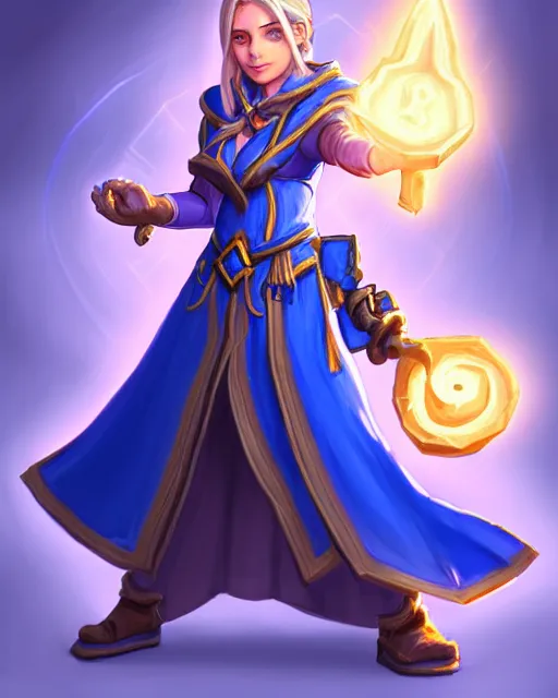 Image similar to perfectly - centered!! looking at the camera!!! full body portrait of the female blue mage, bright lighting, by hearthstone, concept art, hearthstone mastered art