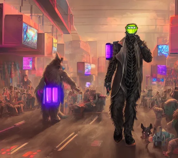 Image similar to high - resolution photograph from a cyberpunk era furry fandom convention ( midwest furfest 2 0 4 7 ), taking place after the genetic revolution and quantum singularity. photorealistic.