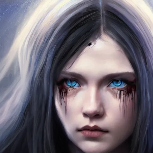 Prompt: beautiful female wizard, detailed face, blue eyes, black clothing, daughter of death, featured on artstation, 8k highly detailed, intricate oil painting, concept art