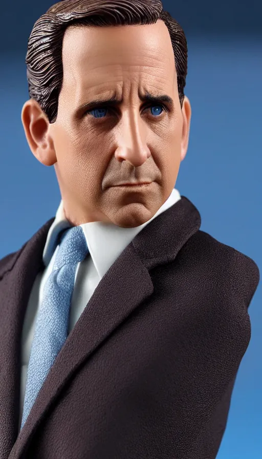 Prompt: hot toys figurine of michael scott, realistic, up close image, 1 / 1 6 th scale, unopened, listing image, hd