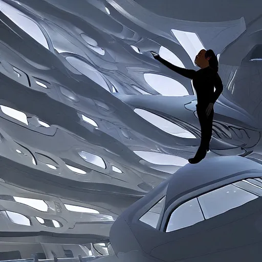 Image similar to robot works and fly in Zaha Hadid in fantasy world