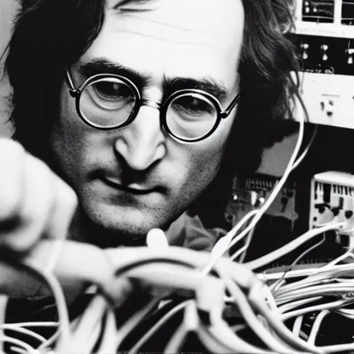 Image similar to photograph of john lennon playing modular synth with lots of wires, portrait, ultra realism, 8 k