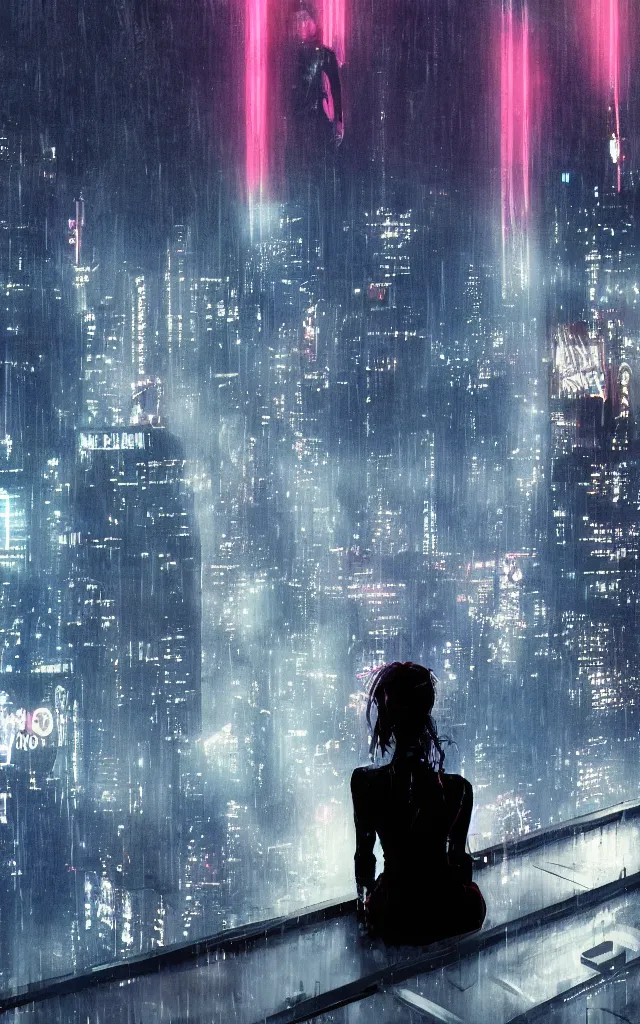 Prompt: a girl sitting on a ledge overlooking a futuristic new york city below, ghostpunk, neon advertisements, blade runner, storm clouds, rain falling, detailed background, by tsutomu nihei