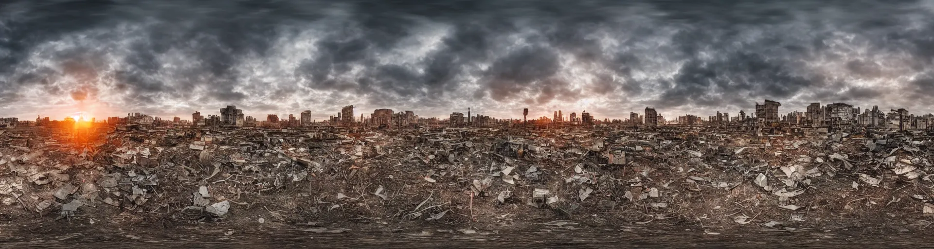 Image similar to A panorama of an ruined high-tech city, there are sparse signs of human activity. Day break. Dramatic sky. 4K.