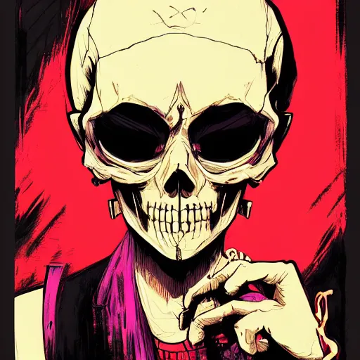 Prompt: delirium anime skull face girl portrait by petros afshar, tom whalen, laurie greasley, by greg rutkowski