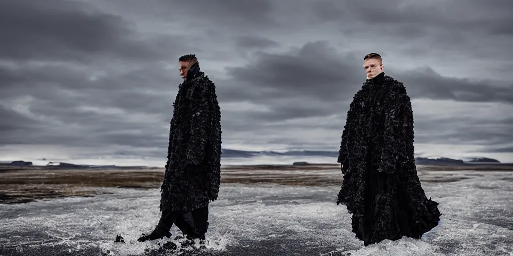 Prompt: iceland landscape photography, portrait of model in comme des garcon deconstructed black ice coat by lurie belegurschi and gunnar freyr