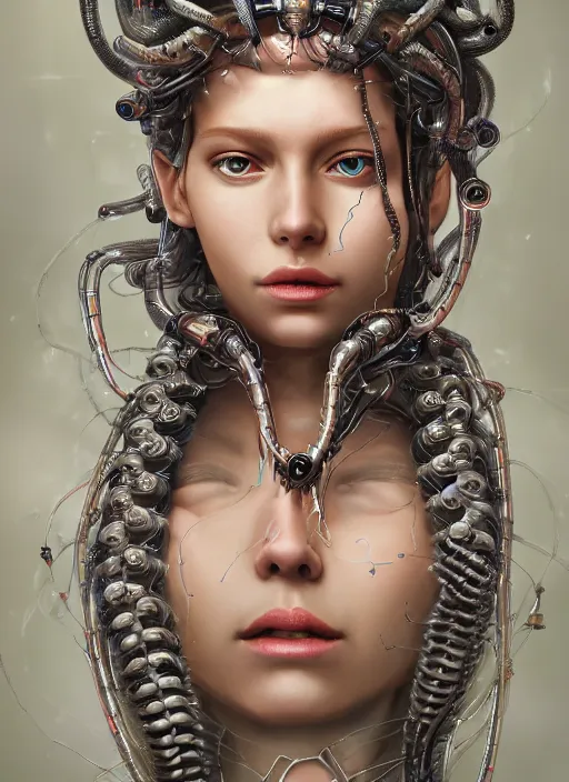 Image similar to high intricate portrait of medusa with cybernetic enhancements, maria panfilova, andrea savchenko, mike kime, ludovic plouffe, qi sheng luo, oliver cook, makoto shinkai, trending on artstation