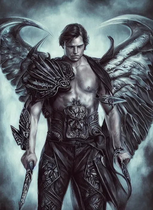 Prompt: throne of glass style, front portrait of attractive sam winchester as a muscular warrior angel with demon wings wide open, teared apart t - shirt whole body tattooed with runes and satanic symbols, d & d!, fantasy style, sharp focus!, ultra detailed, art by artgerm and peter andrew jones, wlup