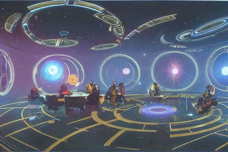 Prompt: ground view of a science fiction circular meeting room with bright holodesk in the center showing levitating planets of a solar system, dark people discussing, contrasted light, clair obscur, star wars vibe, star treck vibe, by greg rutkowski, by alphonse mucha, by moebius!!!, vivid colors