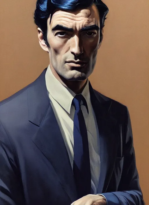 Image similar to full - length portrait of young gregory peck, dressed in a navy blue suit with silver embroidered details, detailed face, fantasy, cinematic lighting, digital art painting, fine details by realistic shaded lighting poster by ilya kuvshinov katsuhiro otomo, magali villeneuve, artgerm, jeremy lipkin and michael garmash and rob rey