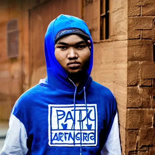 Image similar to crips gang member with batik bandana and parang rusak logo in their hood - realistic - photorealistic - hd - trending hood photos of the year - ilustrator - detailed - real clear