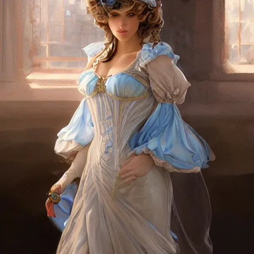 Image similar to lady dressed in a vaporous wrapped large victorian cream roses silk semi-transparent blue and cream dress fashion is running D&D, fantasy, intricate, elegant, highly detailed, digital painting, artstation, concept art, matte, sharp focus, illustration, art by Artgerm and Greg Rutkowski and Alphonse Mucha