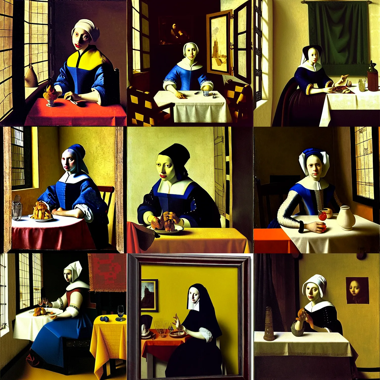 Prompt: portrait of lady gaga sitting at a table at the window of a restaurant by vermeer