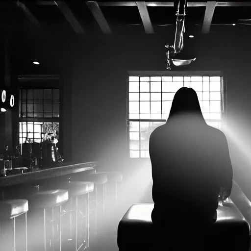 Prompt: a still of jesus sitting down on a stool at the bar, last call. it's dark and smoky. god rays through fog.