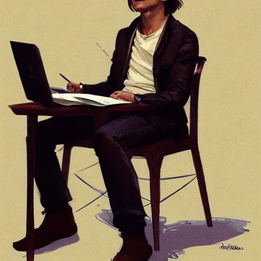 Prompt: Frank Dillane sitting on a chair at a desk writing music, a guitar leans against his leg, music notes float in the air, artstation, concept art, smooth, sharp focus, illustration, art by artgerm and greg rutkowski and alphonse mucha