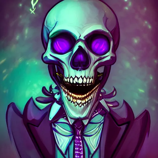 Image similar to a detailed portrait of a fancy skeleton with expressive features and metallic teeth, metal teeth, skeleton in a suit, purple glowing eyes, fantasy art, character, wizard, barbarian