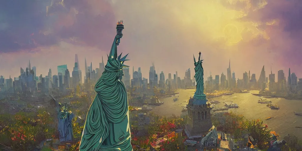 Prompt: a fantasy solarpunk statue of liberty and new york city, landscape illustration by greg rutkowski, bright sunlight, sun glints, vivid and colorful trees and plants and flowers, digital art, 8 k, trending on artstation