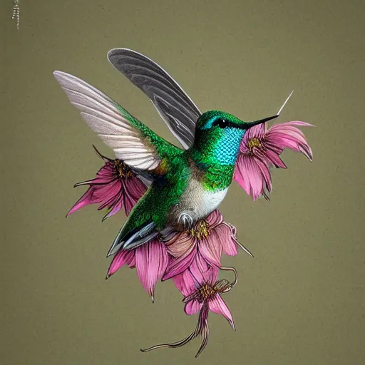 Image similar to hummingbird, feathers covered with floral ornaments, eye - level medium - angle shot, intricate, floral background, by esao andrews, by m. w. kaluta, by yoshita amano, intricate, natural lighting, smooth, 3 d octane render, depth perception, 4 k,, artstation