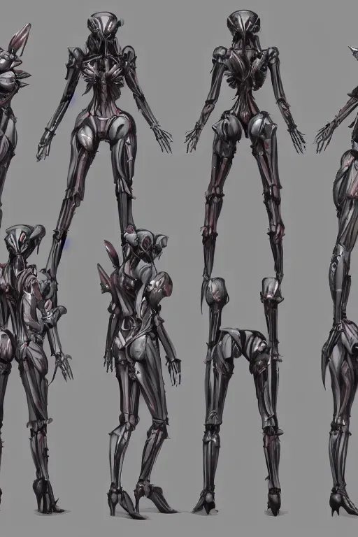 Prompt: very symmetrical!! video game assets, mecha succubus with gunmetal grey skin, medical muscle anatomy, cyberpunk face, highly detailed, anime mecha aesthetic, hydraulic implants, three - view reference sheet ( front / back / side ), in the style of dan ouellette, dren from splice, artstation, unreal engine