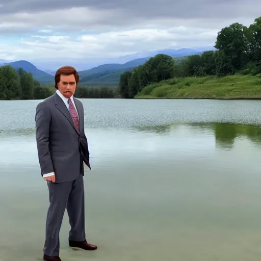 Prompt: Ron Burgundy standing near a lake