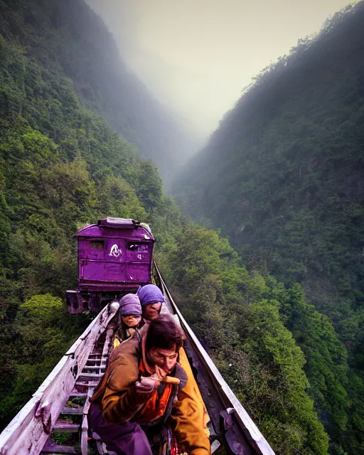 Prompt: a hurtling descent from the heights of the Himalayas in a rickety single rail boxcar train on a treacherous bridge precipice over a chasm, through a dreamy purple haze cinematic lighting, dramatic action atmosphere, by Samson Pollen, Robert Maguire, Mort Kunstler, Storm Thorgerson, Glen Orbik, 4k resolution, nier:automata inspired, bravely default inspired, luminous sky heaven background