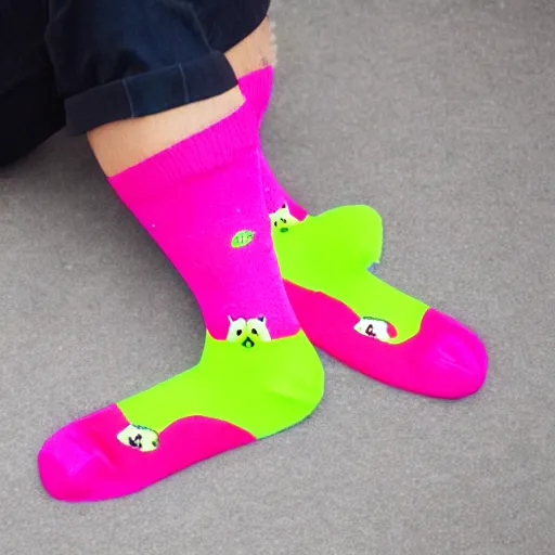 Image similar to a mockup of neon pink socks with raccoon face on them