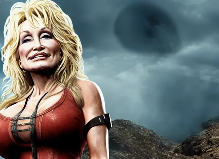 Image similar to film still of!!!! dolly parton!!! as lara croft in new tomb raider movie, 8 k