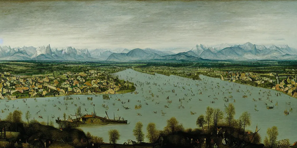 Image similar to the danube with alps in the style of pieter bruegel