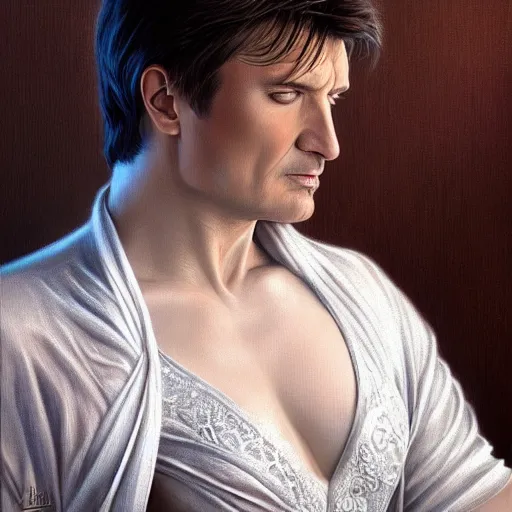 Prompt: nathan fillion, white lace clothing, gold accessories, elegant, highly detailed, digital painting, matte, sharp focus, art by artgerm, frank frzetta, boris vallejo, bouguereau, beksinski, cinematic