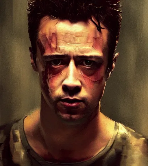 Image similar to high quality high detail painting by alberto mielgo and jaime jones, fight club, cinematic, hd