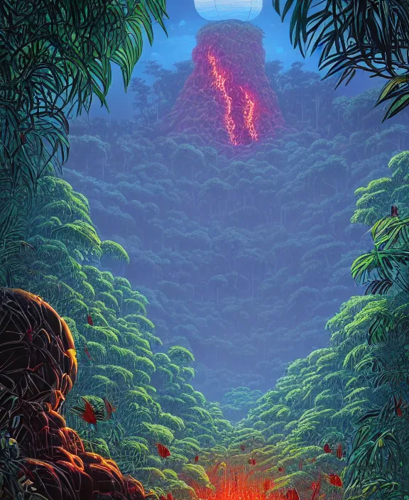 Image similar to simplicity, an elegant structure made out of exotic insects, overgrown with lush floral jungle, partly cloudy, hellscape, hell, fire, brimstone, lava, by dan mumford, yusuke murata, makoto shinkai, ross tran, cinematic, unreal engine, cel shaded, featured on artstation, pixiv