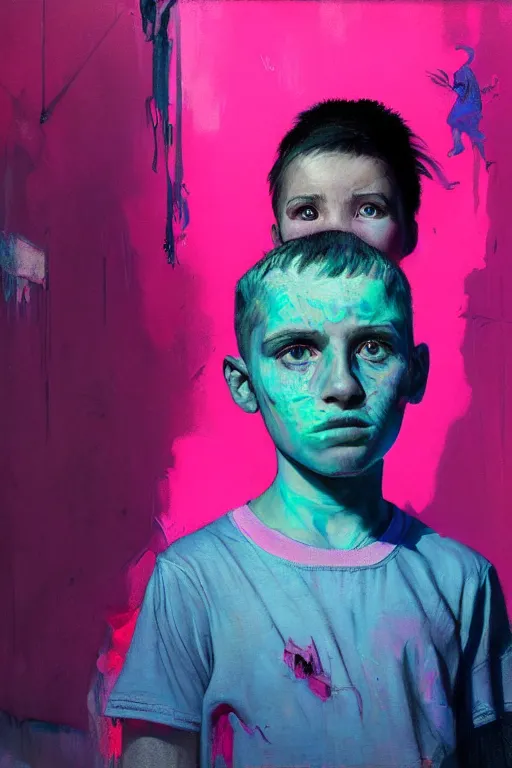 Image similar to portrait of a young boy living in a postapoliptic forgotten world, her face expresses : sadness, and death, in the colors hot pink and cyan, beautiful face, rule of thirds, complex outfit, spotlight, by greg rutkowski, by jeremy mann, by francoise nielly, by van gogh, digital painting