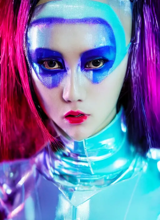 Image similar to a close-up risograph long shot of cyberpunk japanese model girl with black eyes and pretty face wearing latex catsuit and lots of transparent and cellophane accessories, blue hour, twilight, cool, portrait, Kodachrome, ISO1200,