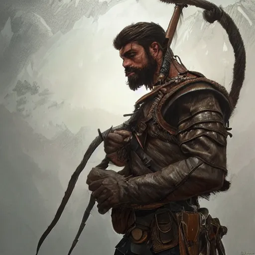 Prompt: portrait of a young rugged ranger, muscular, upper body, hairy torso, D&D, fantasy, intricate, cinematic lighting, highly detailed, digital painting, artstation, concept art, smooth, sharp focus, illustration, art by Artgerm and Greg Rutkowski and Alphonse Mucha