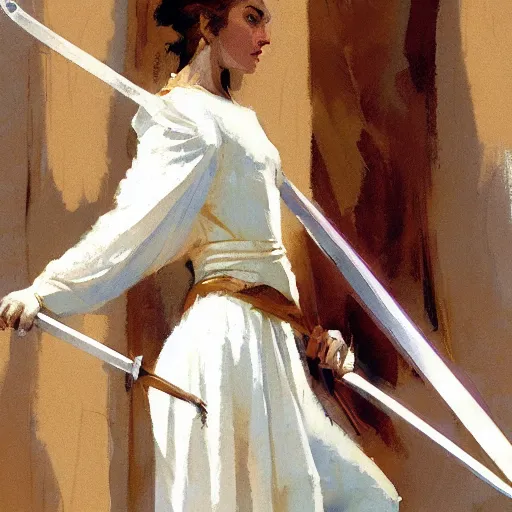 Prompt: portrait of woman wearing medieval clothing holding sword, aggressive stance, detailed by greg manchess, craig mullins, bernie fuchs, walter everett