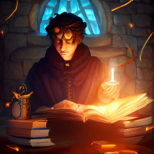 Prompt: A mage reading a spell book at a desk, as he reads the words runes float in the air. Magic, orange lighting, flux. High fantasy, digital painting, HD, 4k, detailed.