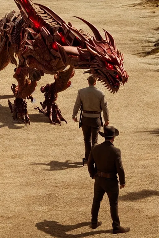 Image similar to cinematic still of westworld, a full body red si - fi robotic fantasy dragon, well armored mech dragon, highly detailed