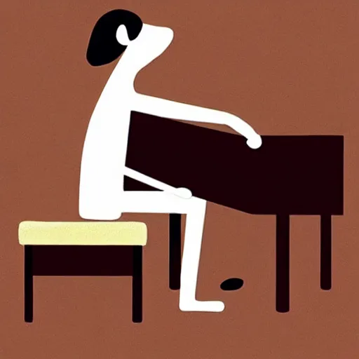 Image similar to a brown spaniel with a white chest , sat down playing a grand piano.modern. book illustration, lighting, sketched. Artwork. Jean Jullien dtyle