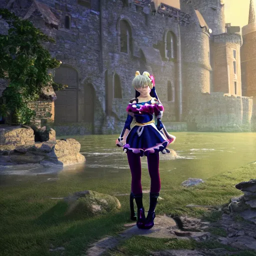 Image similar to middle age girl in sailor sun warrior outfit, goth castle in a scottish landscape, art by frazetta, global illumination ray tracing hdr, 4 k, trending on artstation