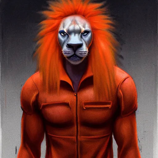 Image similar to aesthetic portrait commission of a of a male fully furry muscular anthro albino lion in orange in full body red jumpsuit outfit like from the film Us (2019) by Jordan Peele ,digital art,art by greg rutkowski, charles bowater, charlie bowater, ross tran, artgerm, and makoto shinkai, detailed face,hyperdetailed,photorealistic,artstation,deviantart,4k,detailed, inked, western comic book art, award winning painting ,high definition