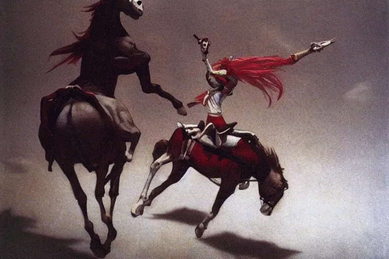 Image similar to revolutionary girl utena riding a donkey in the style of Tekken 4, beksinski