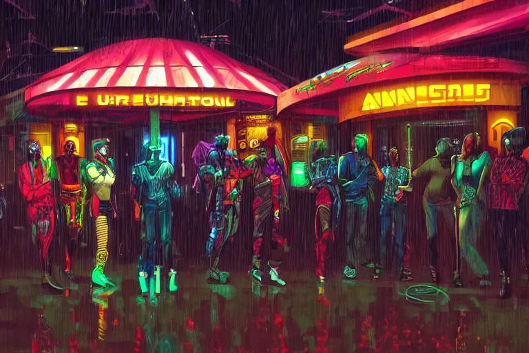 Image similar to a stunning illustration of a group of Afrofuturist cyberpunks standing outside a bar, raining, neon reflections, strong lighting, highly detailed, by Antunesketch, HD, 4K