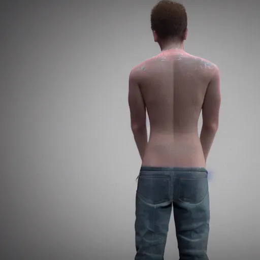 Prompt: male teen wearing tattered clothes with his back to the viewer, full body shot, 3 d render, 8 k, isolated, - h 7 0 4 - n 4