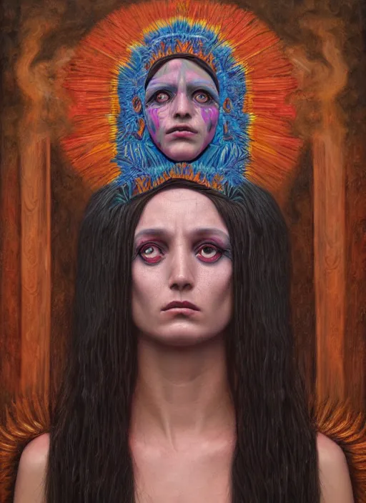 Image similar to acid tripping cult magic psychic woman, third eye, occult ritual, dark witch headdress, oil painting, robe, symmetrical face, greek dark myth, by John William Godward, Sean yoro, Anna Dittman, masterpiece