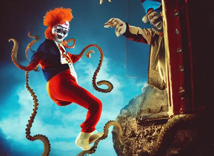 Image similar to A very high resolution image from a new movie, a clown fighting an octopus, old circus, Polaroid, directed by Steven Spielberg